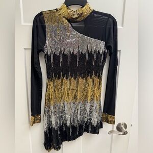 Gia Mia Dance Costume Black w/silver gold sequins size SA (small adult)